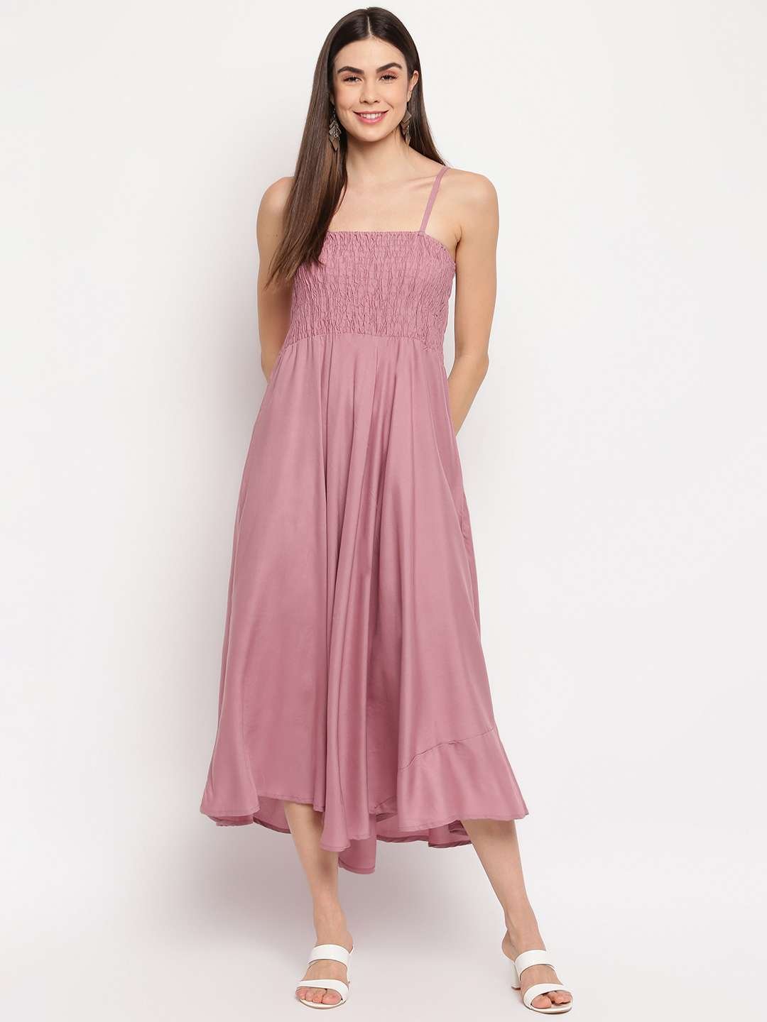 Women's Viscose Rayon Solid Shoulder Straps Sleeveless Flared Gown Drees (MAUVE)