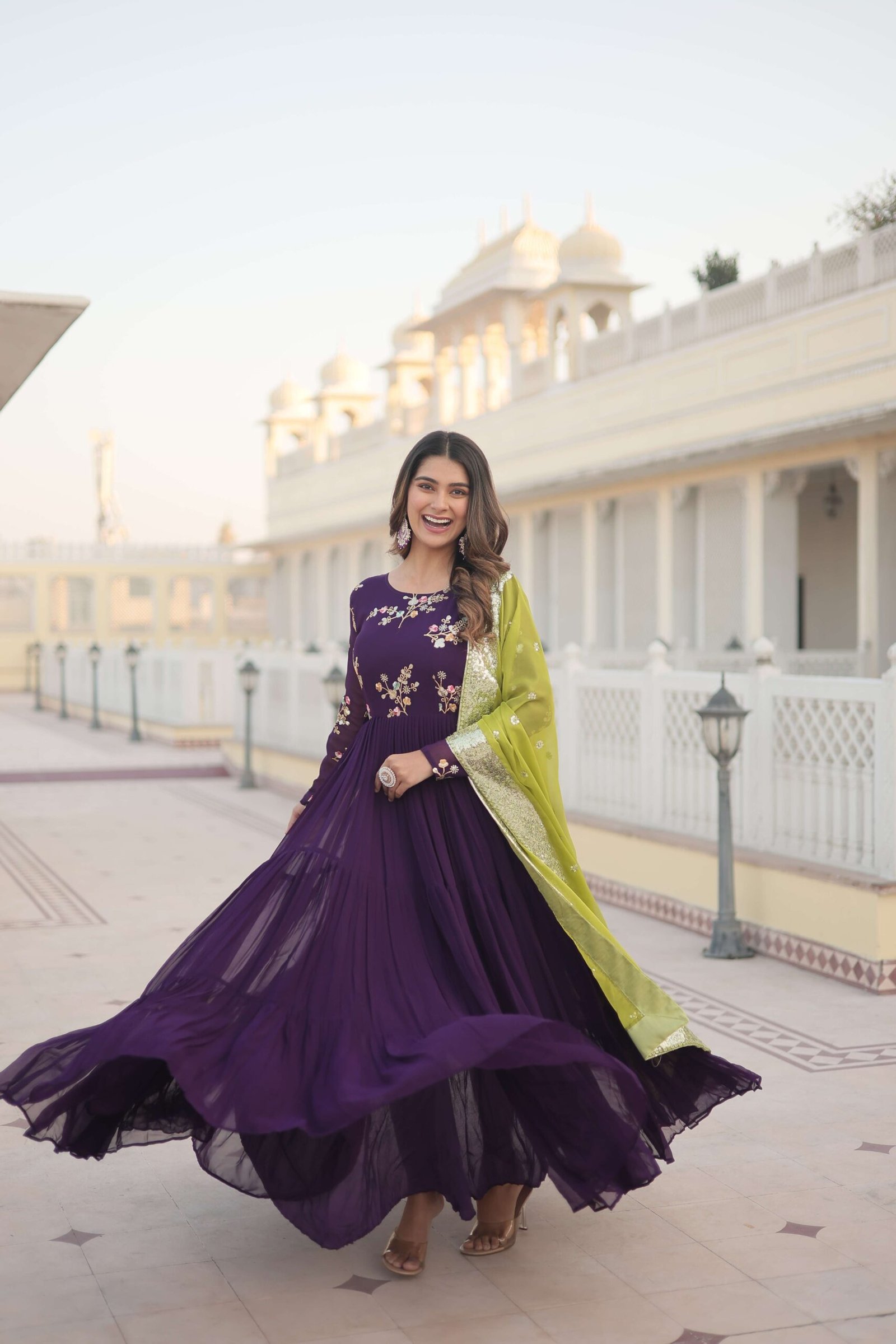 Purple Faux Georgette Designer Gown with Russian Silk Sequined Dupatta ? Elegant Fully Flared Party & Wedding Set - Image 4