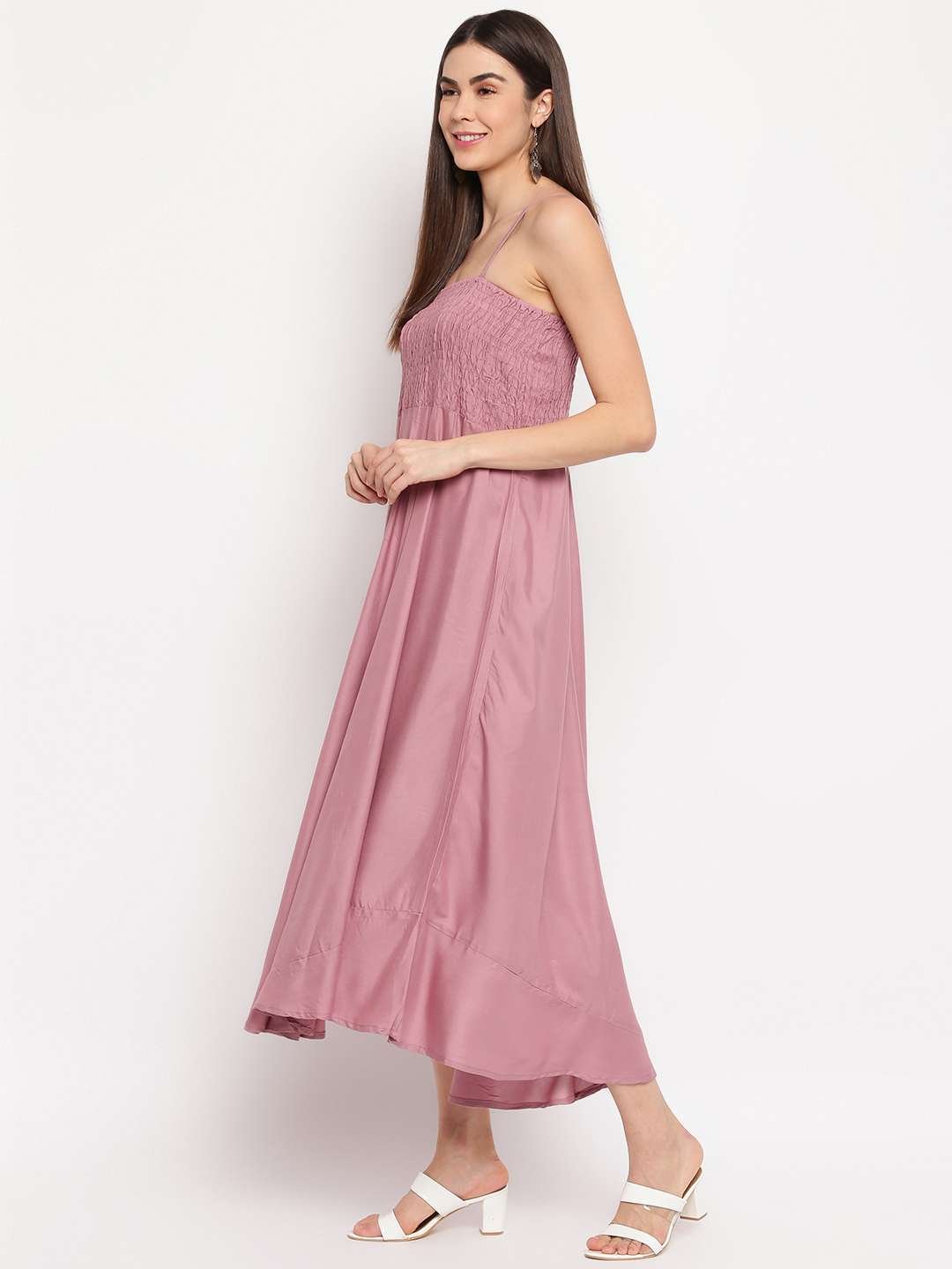 Women's Viscose Rayon Solid Shoulder Straps Sleeveless Flared Gown Drees (MAUVE) - Image 2