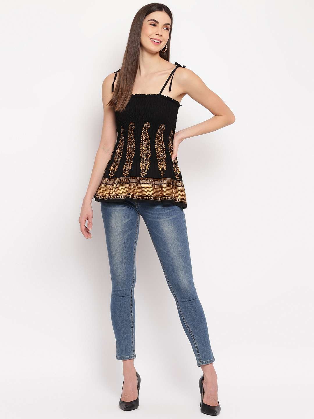 Women's Rayon Buta Printed Casual Summer Style Tie Shoulder Straps Free Size Tank Top ( Black Gold Pattern) - Image 3