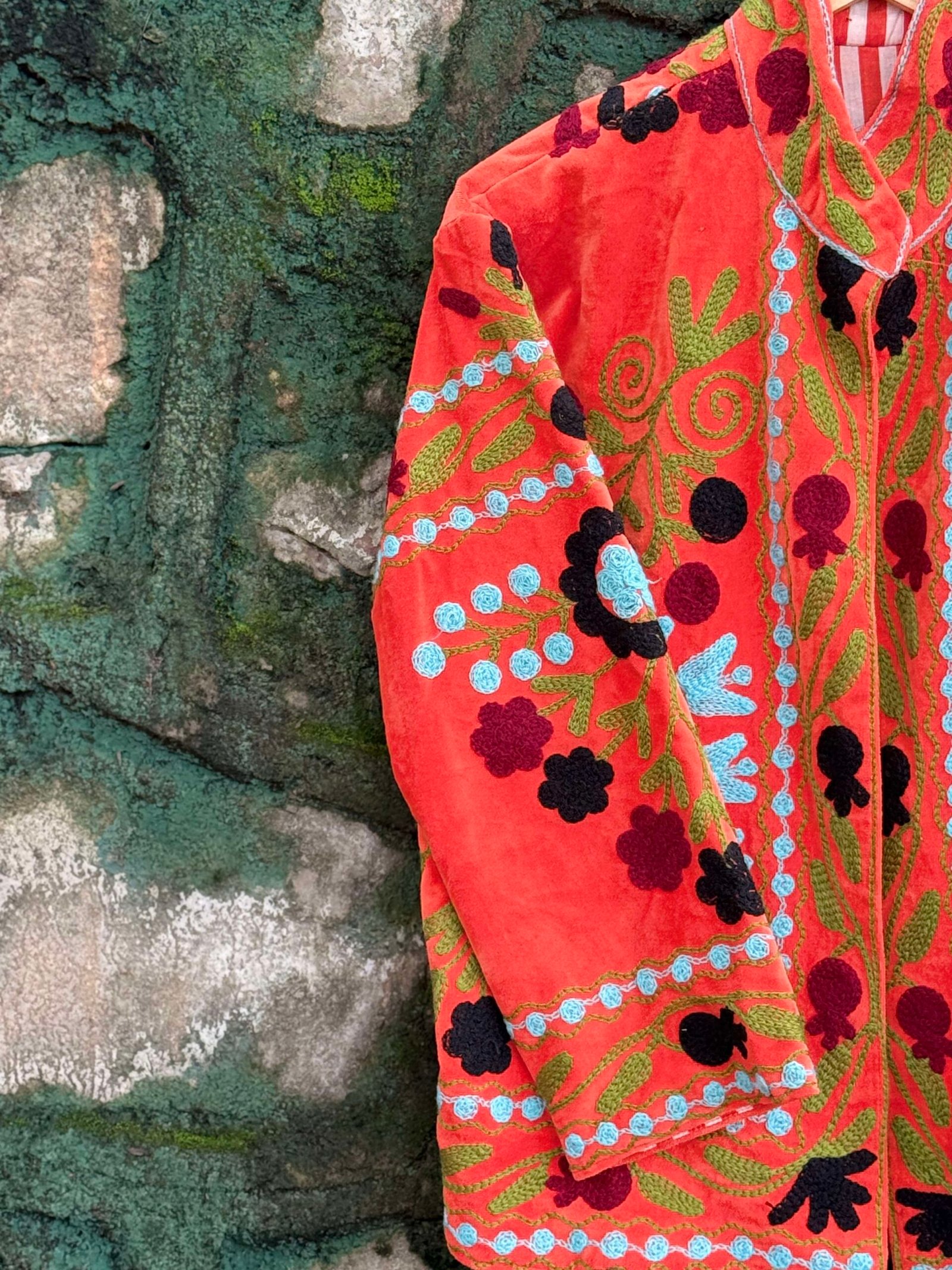 Womens Orange Velvet Embroidered Jacket with Floral Design - Image 4