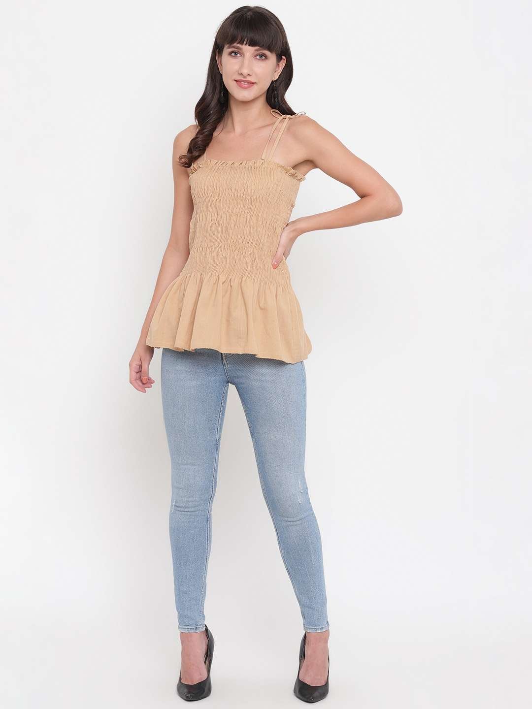 Women's Rayon Solid Casual Summer Style Tie Shoulder Straps Free Size Tank Top (Cream) - Image 3