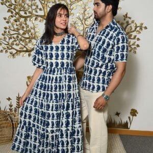 Couple Matching White And Blue Printed Cotton Anarkali Midi Dress & Shirt Set ? Summer Casual Wear