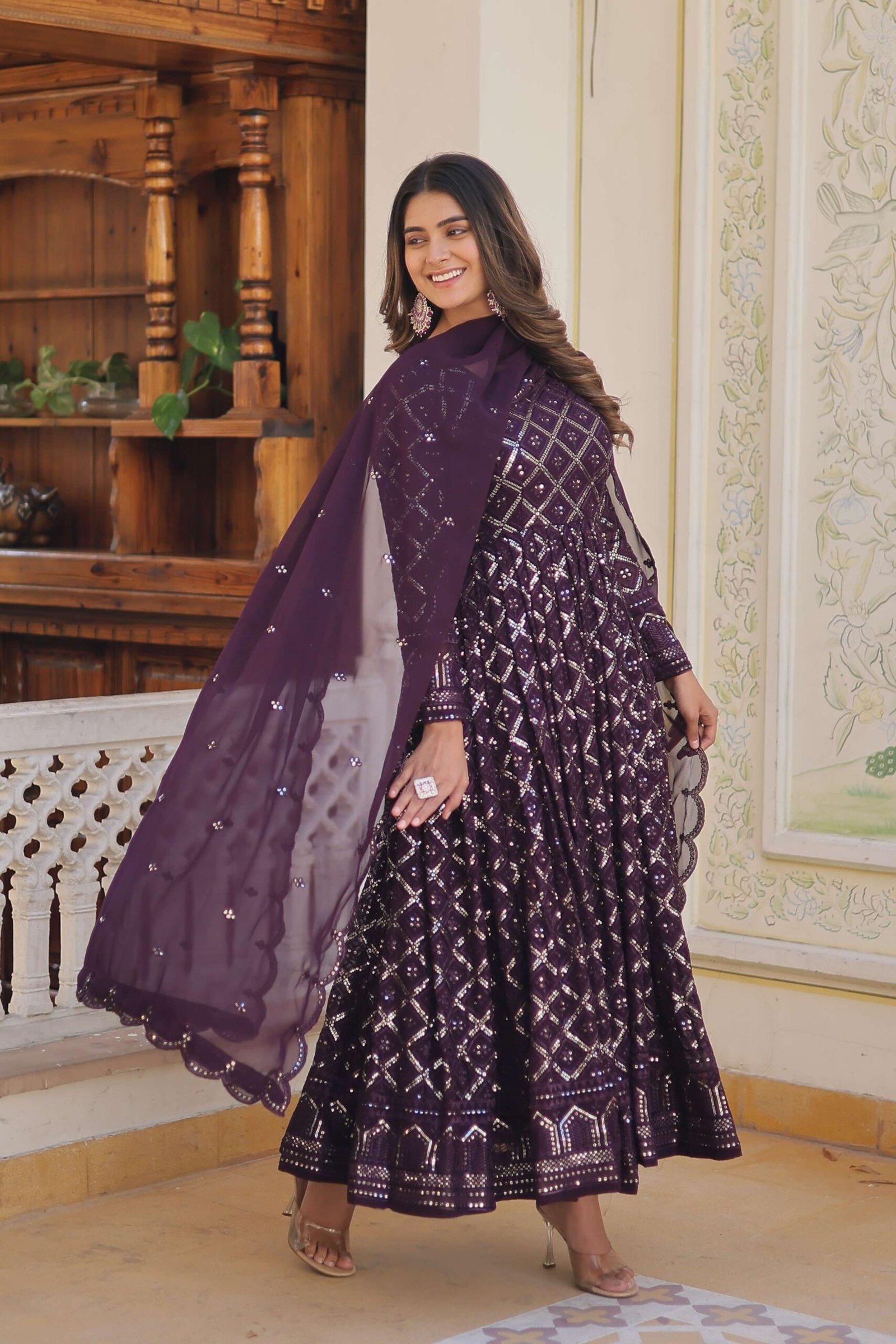 Wine Faux Blooming Designer Gown with Sequined Dupatta ? Elegant Fully Flared Party & Wedding Set - Image 4