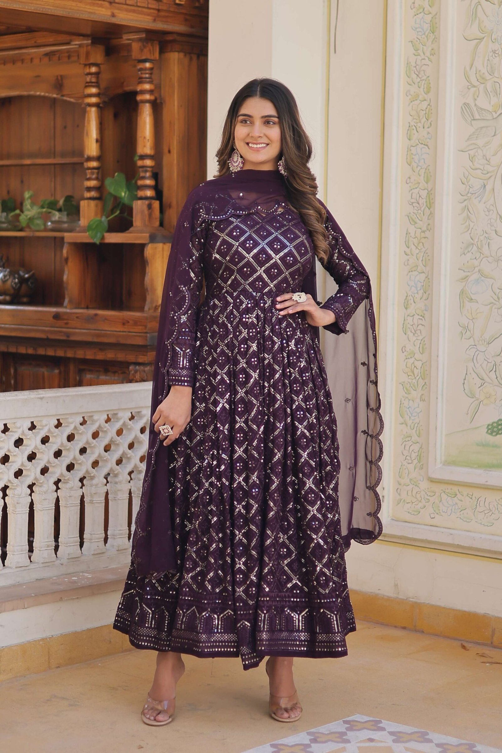 Wine Faux Blooming Designer Gown with Sequined Dupatta ? Elegant Fully Flared Party & Wedding Set - Image 6