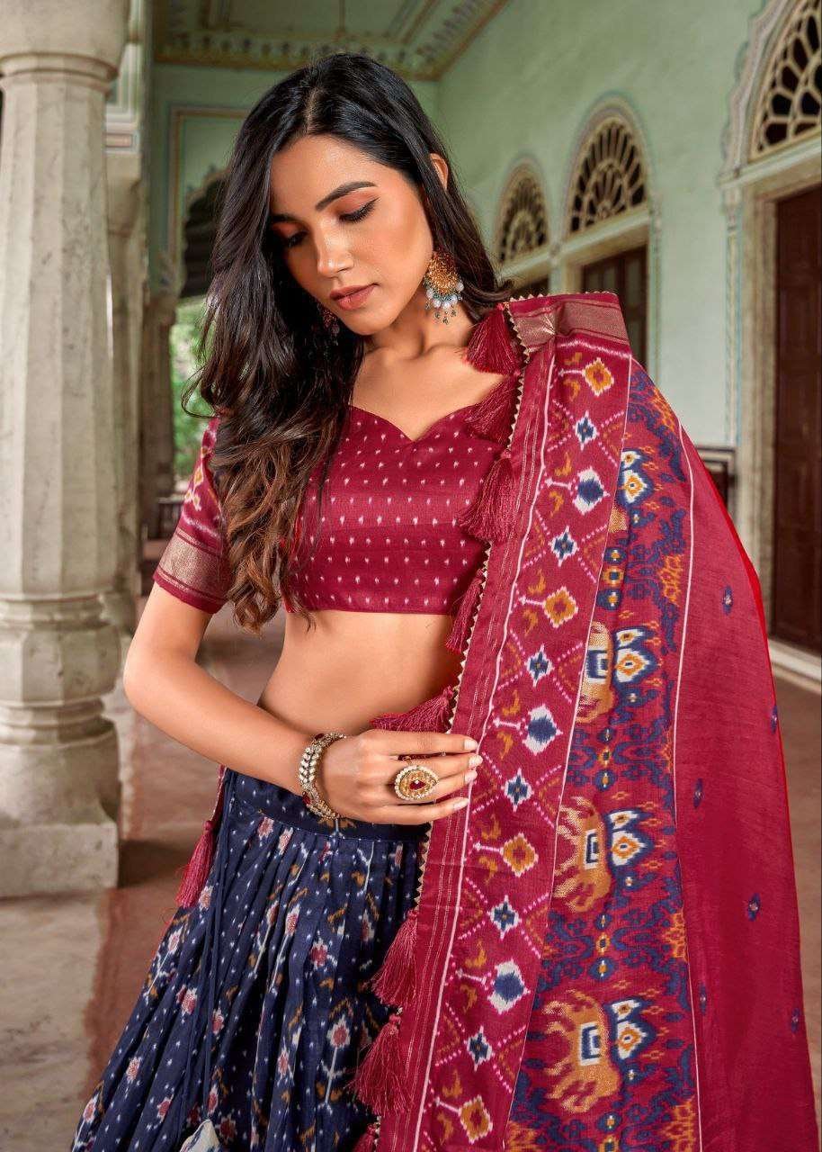 Royal Blue Tussar Silk Lehenga Choli with Maroon Blouse | Minakari & Foil Print | Wedding & Festive Wear