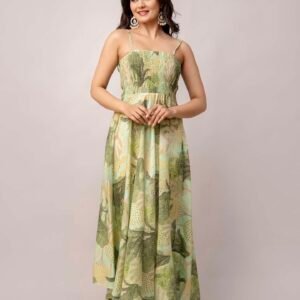Women's Silk Printed Shoulder Straps Sleeveless Anarkali Gown Drees (Green)