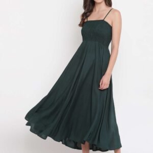 Women's Viscose Rayon Solid Shoulder Straps Sleeveless Flared Gown Drees (Green1)