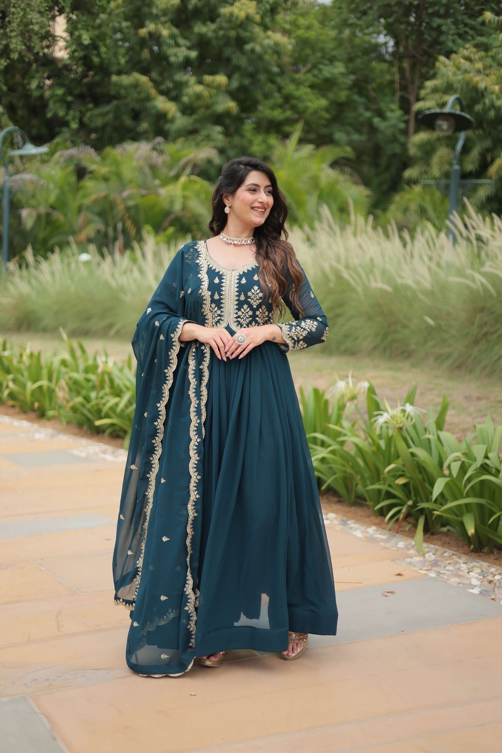 Teal-Blue Elegant Kutchi Gamthi Work Reyon Gown with Heavy Flair - Image 5