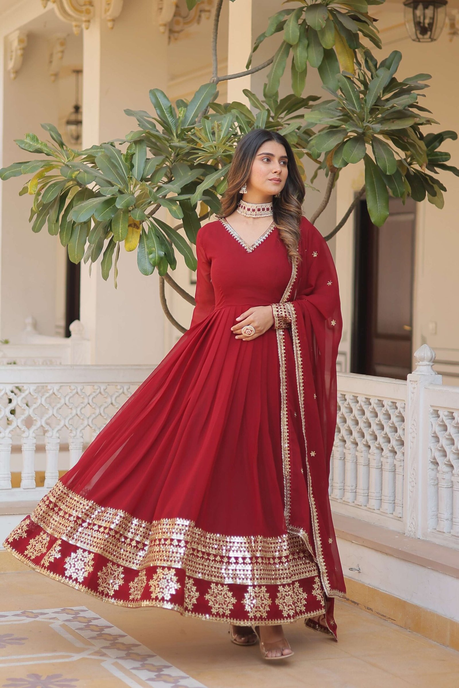 Maroon Faux Blooming Gown with Sequined Dupatta ? Elegant Fully Flared Party & Wedding Set - Image 6