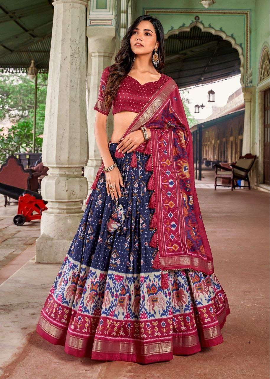Royal Blue Tussar Silk Lehenga Choli with Maroon Blouse | Minakari & Foil Print | Wedding & Festive Wear - Image 2