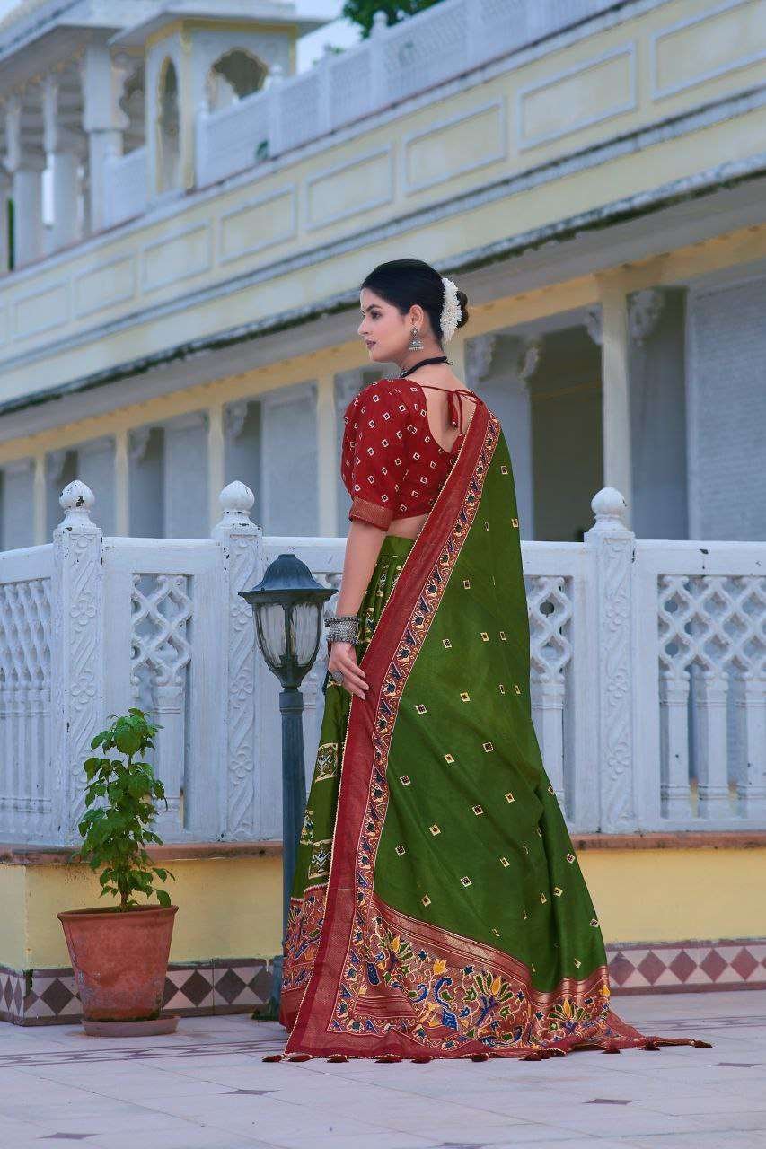 Mehndi Green Tussar Silk Lehenga Choli with Maroon Blouse | Bandhani Peacock & Foil Print | Wedding & Festive Wear