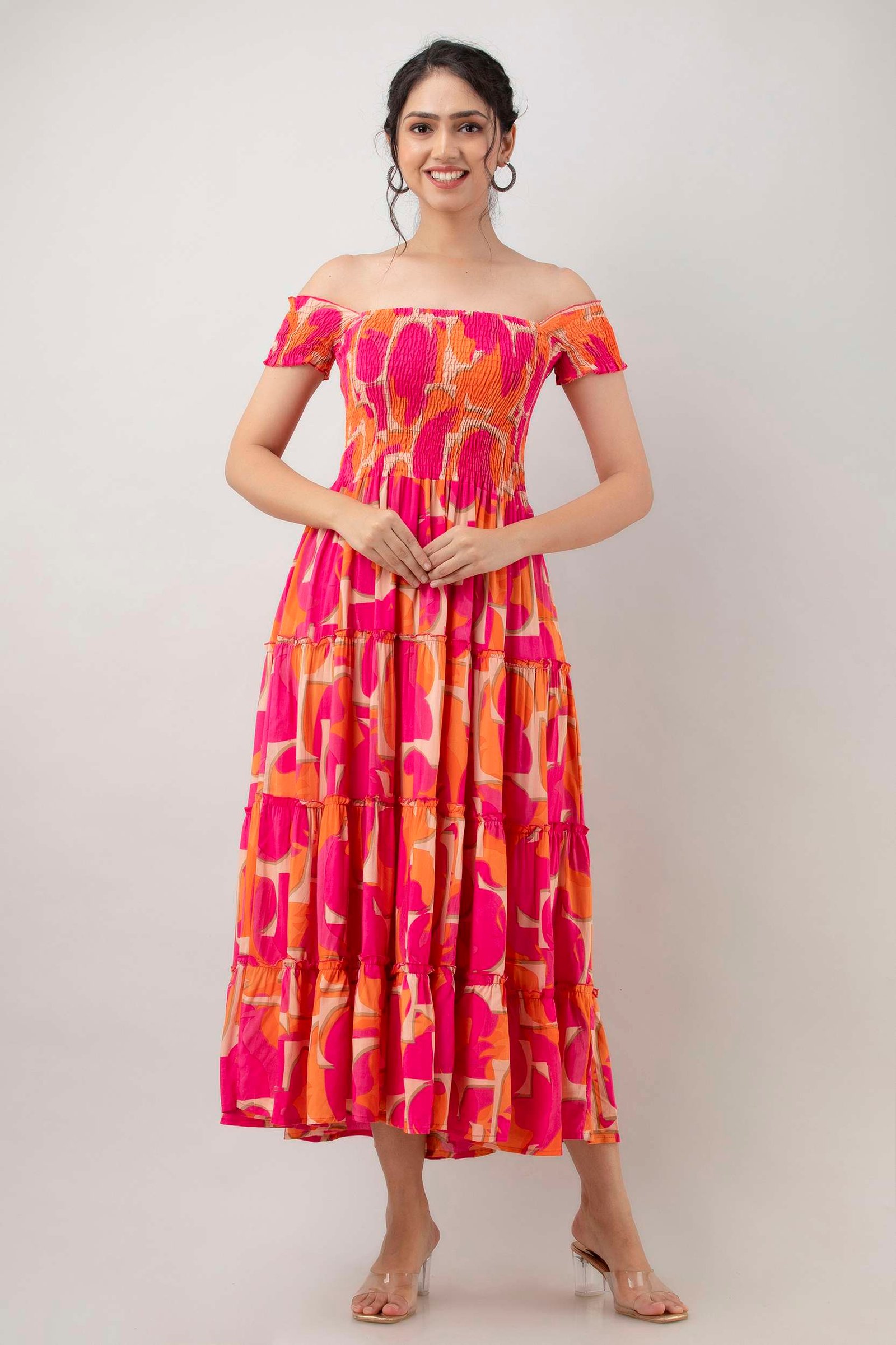 Women's Viscos Rayon Printed Off Shoulder Midi Dress For Summer And Casual Wear (Pink Strip) - Image 5