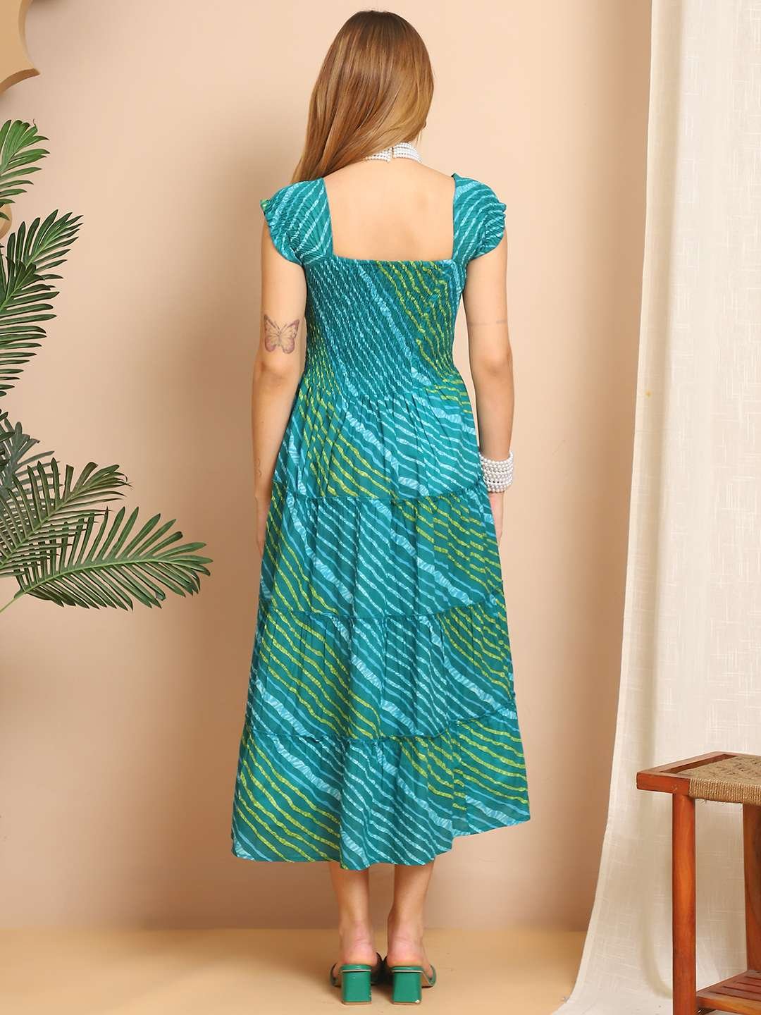 Women's Viscos Rayon Printed Off Shoulder Midi Dress For Summer And Casual Wear (Teal Blue) - Image 2
