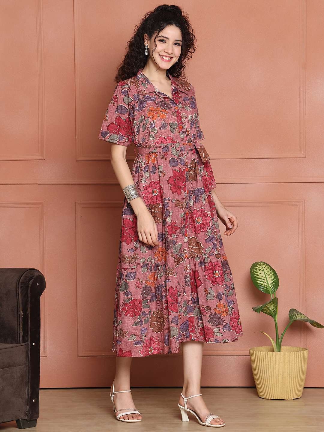 Women's Cotton Printed A-Line Midi Dress | Short Sleeve Flared Gown Dress (Pink) - Image 3