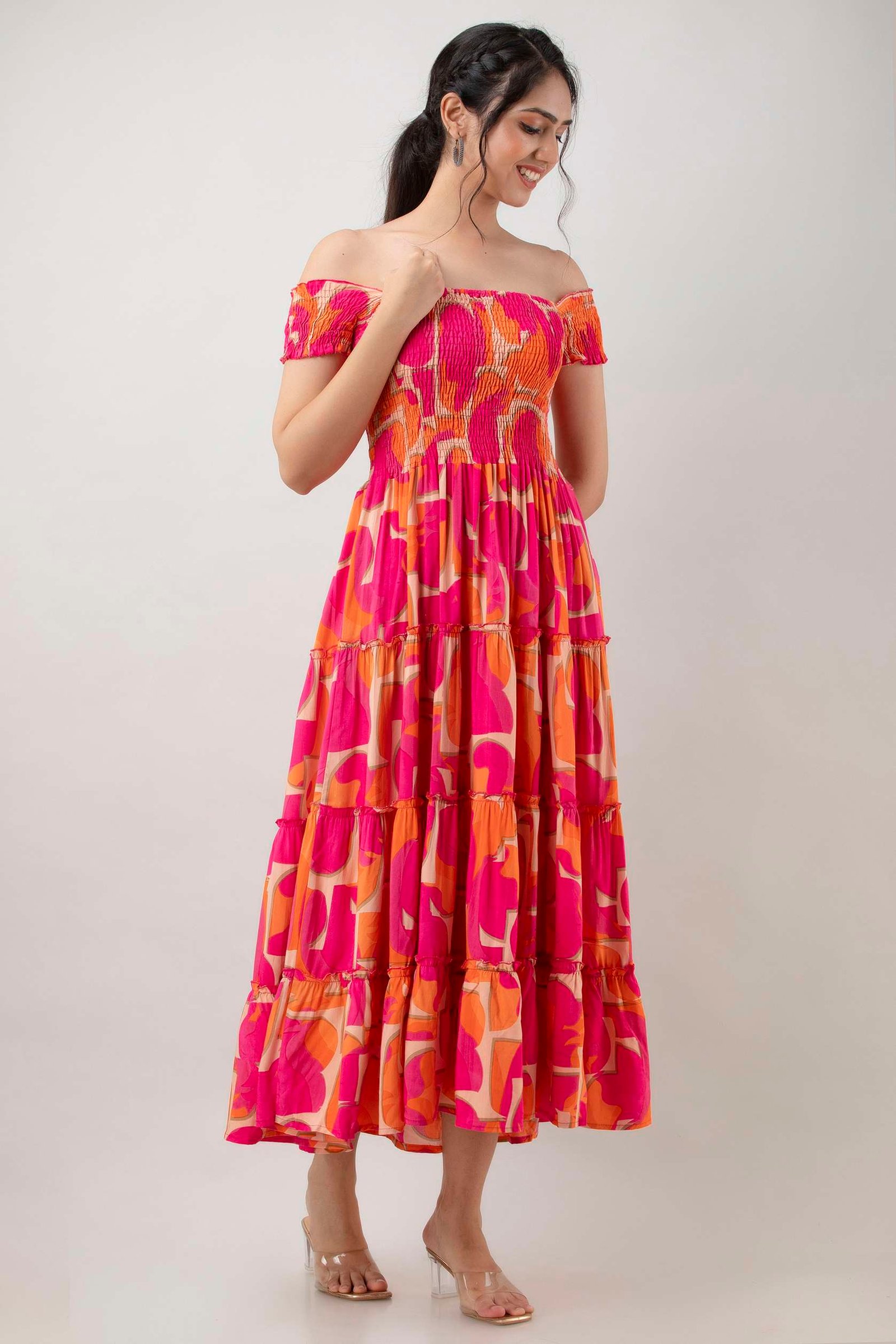 Women's Viscos Rayon Printed Off Shoulder Midi Dress For Summer And Casual Wear (Pink Strip) - Image 3
