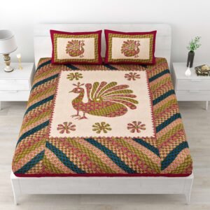 Rajasthani Traditionally Printed Cotton Doublebed Bedsheet With Pack of 2 Pillow Covers